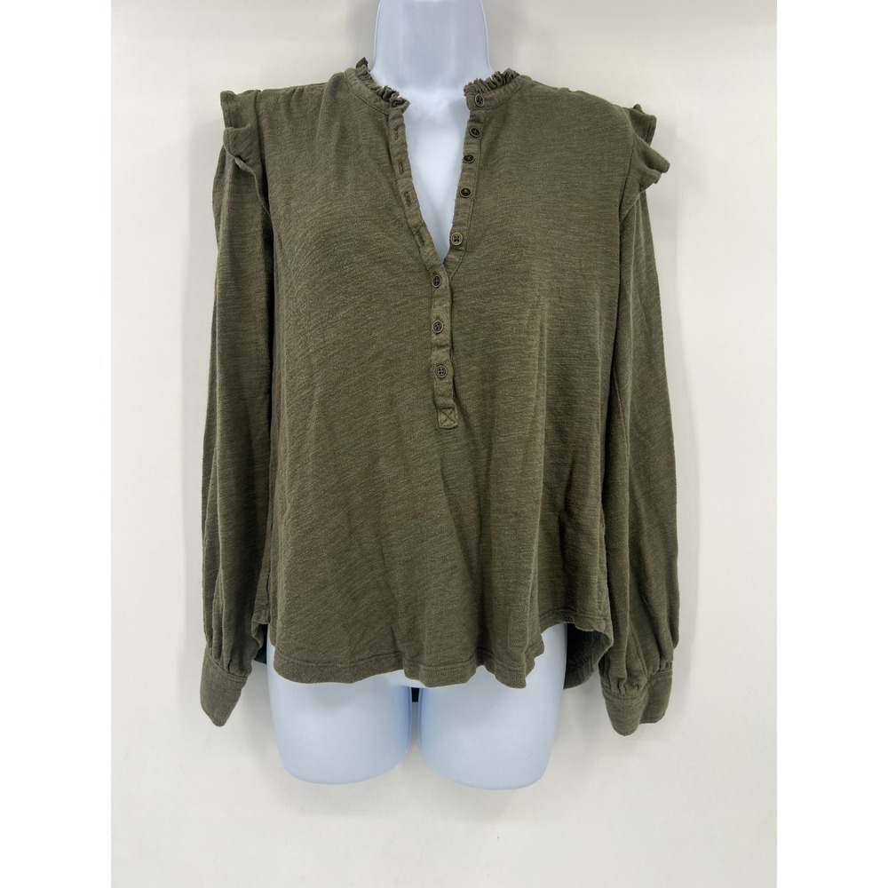 Anthropologie Pilcro Size S Olive Green Cotton Modal Ruffle Shoulder‎ Henley Top